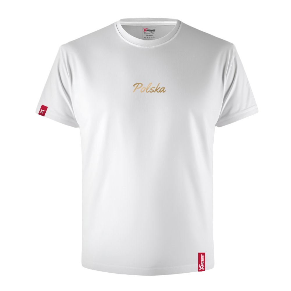 Koszulka Męska Patriotyczna z Nadrukiem xPatriot Napis Złoty POLSKA – biała