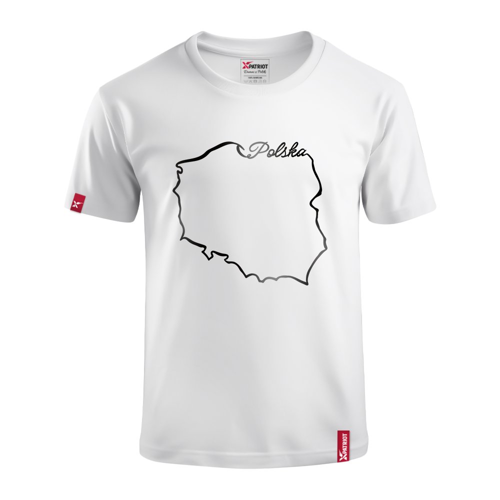 Dziecięca Biała Koszulka Patriotyczna xPatriot z Konturem Polski i Napisem Polska