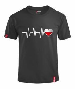 Dziecięca Czarna Koszulka Patriotyczna xPatriot Linia Pulsu z Sercem w Barwach Polski