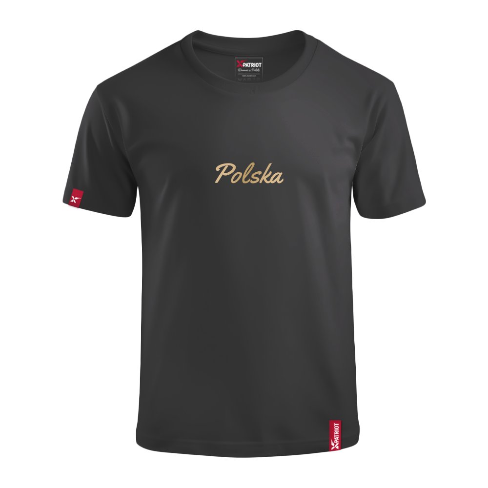 Dziecięca Czarna Koszulka Patriotyczna xPatriot Napis Polska Złoty