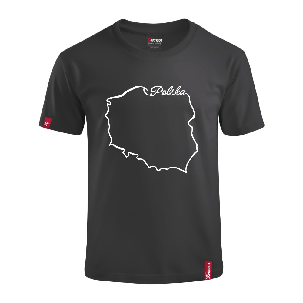 Dziecięca Czarna Koszulka Patriotyczna xPatriot z Konturem Polski i Napisem Polska