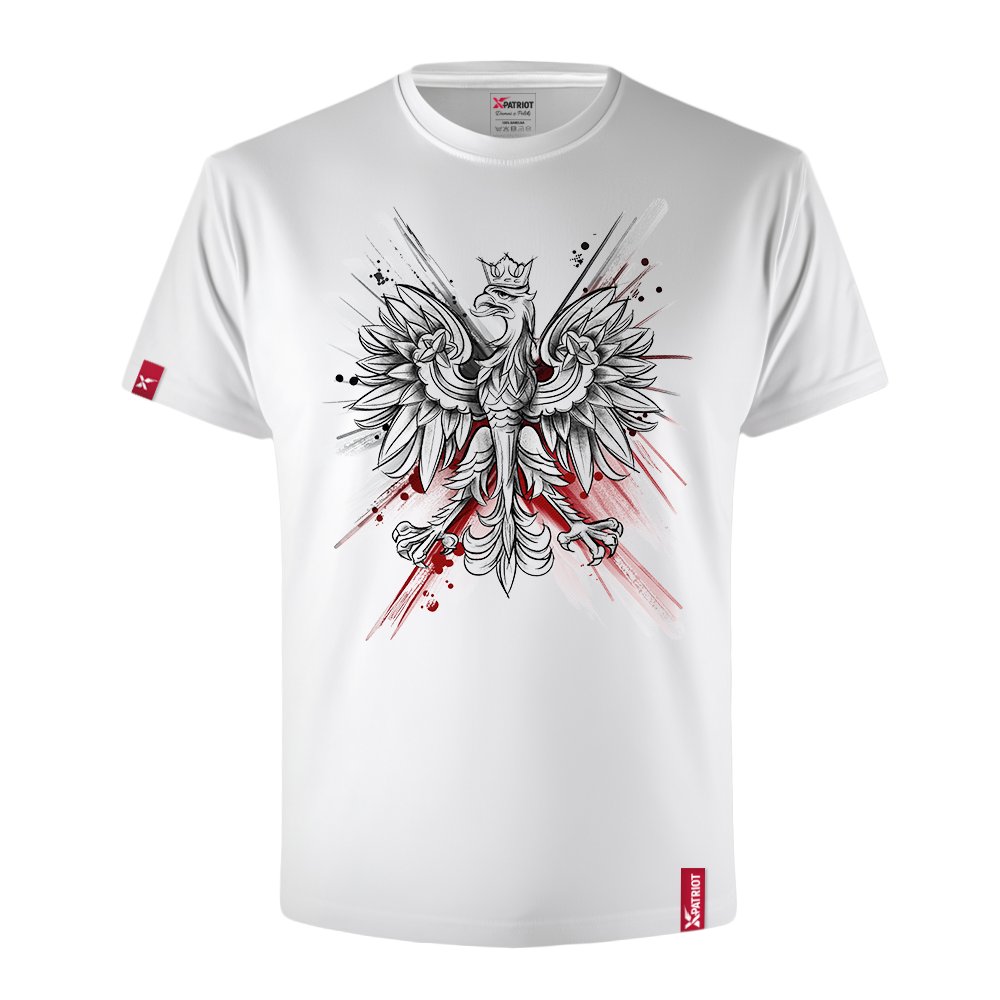 Męska Patriotyczna Biała Koszulka xPatriot Orzeł w Koronie na Artystycznym Tle