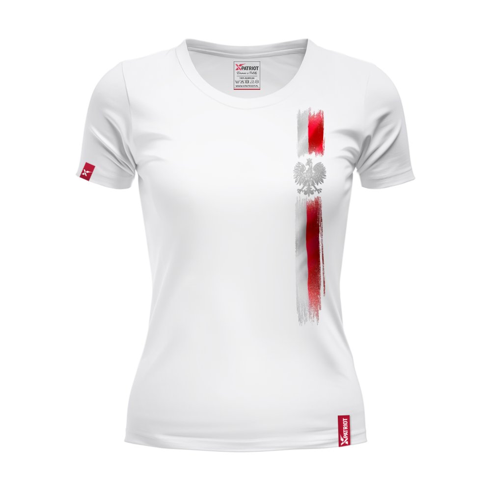 Oryginalna Biała Koszulka Patriotyczna Damska xPatriot – Orzełek z Pionowym Pasem
